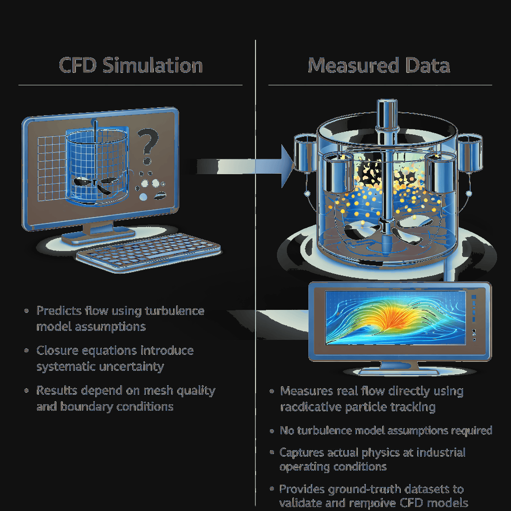 Side-by-side comparison of CFD simulation versus measured flow data