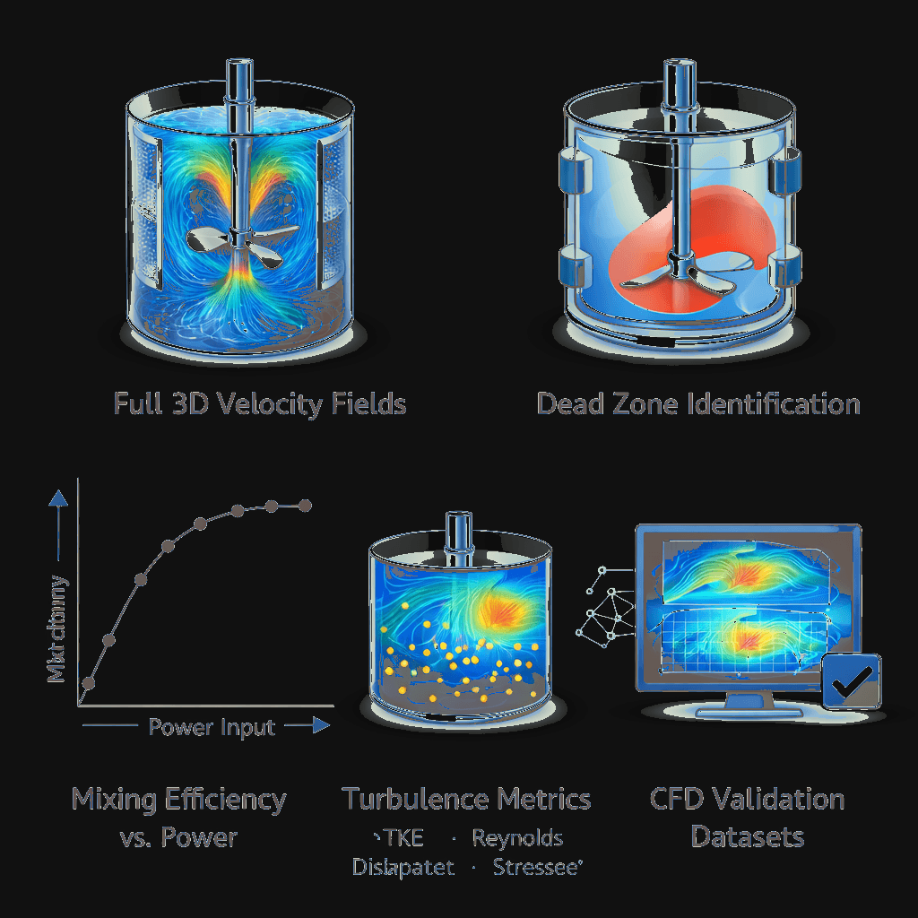 Five deliverable output types: velocity fields, dead-zone maps, mixing curves, turbulence metrics, and CFD validation data
