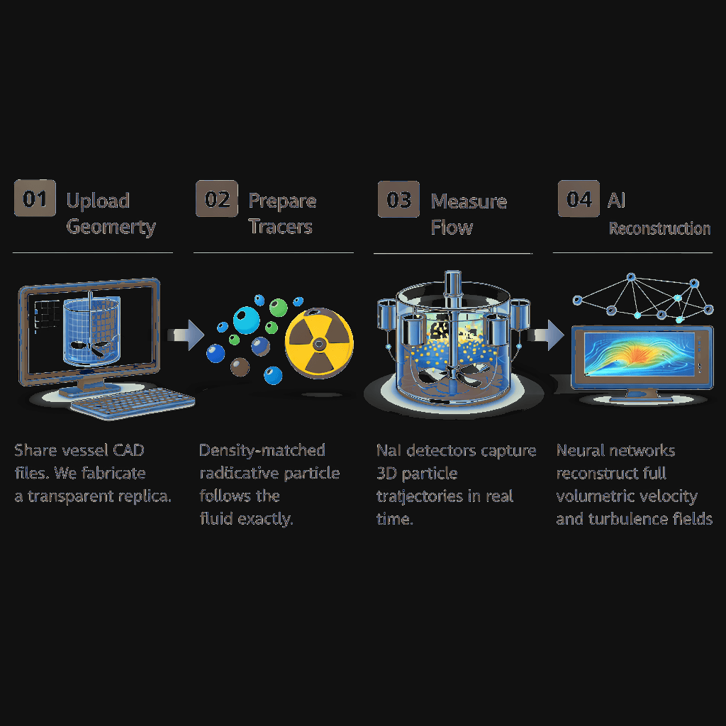 4-step measurement process: Upload geometry, Prepare tracers, Measure flow, AI reconstruction