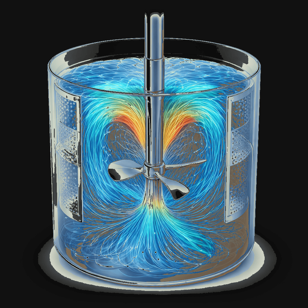 Colorful 3D flow visualization showing velocity streamlines in a stirred tank