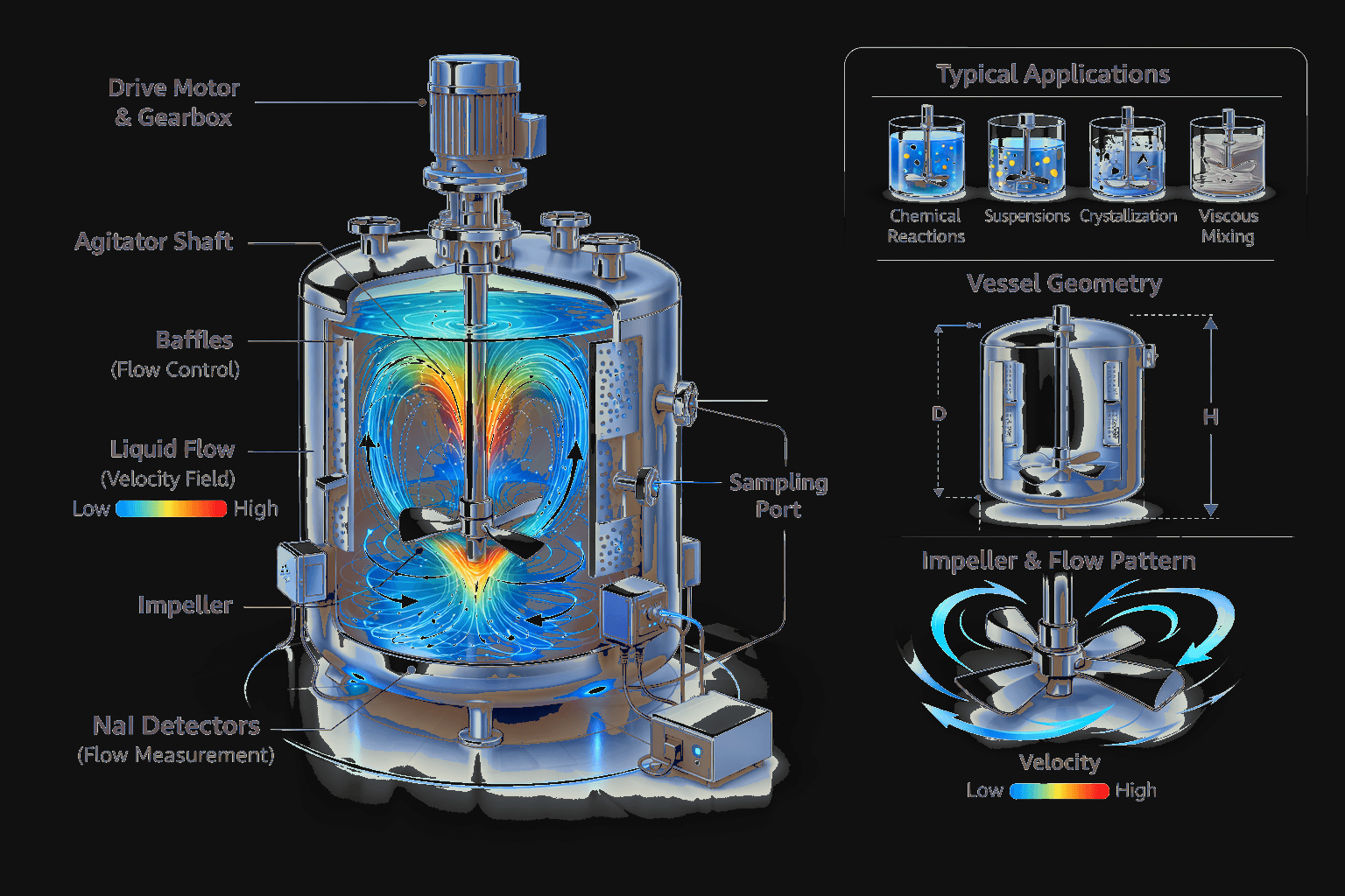 Labeled vessel diagram showing detector placement and measurement applications